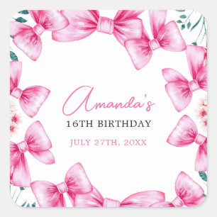 Blommigt Rosa Bow Coquette Sweet 16 Birthday Fyrkantigt Klistermärke
