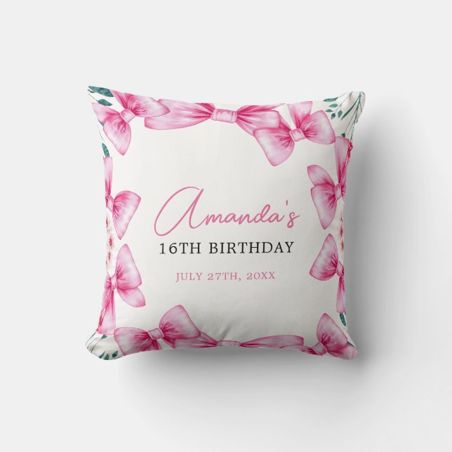 Blommigt Rosa Bow Coquette Sweet 16 Birthday Kudde (Framsida)