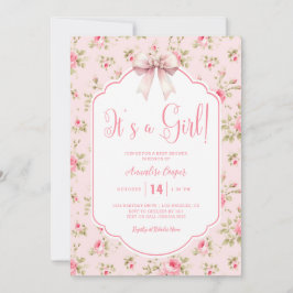 Blommigt Rosa Bow.. Det är en liten babyskor Inbjudningar