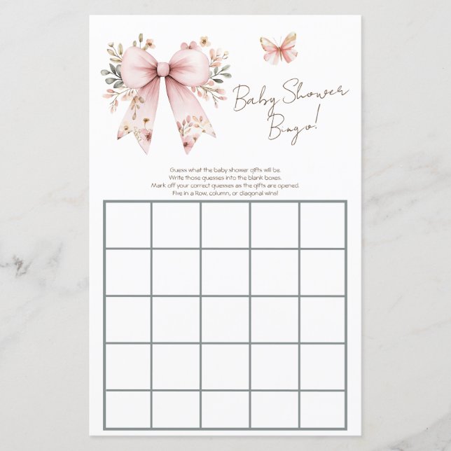 Blommigt Rosa Bow Girl Baby Shower Bingo (Framsida)