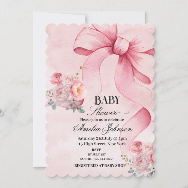 Blommigt Rosa Bow Girl Baby Shower Inbjudningar (Framsida)