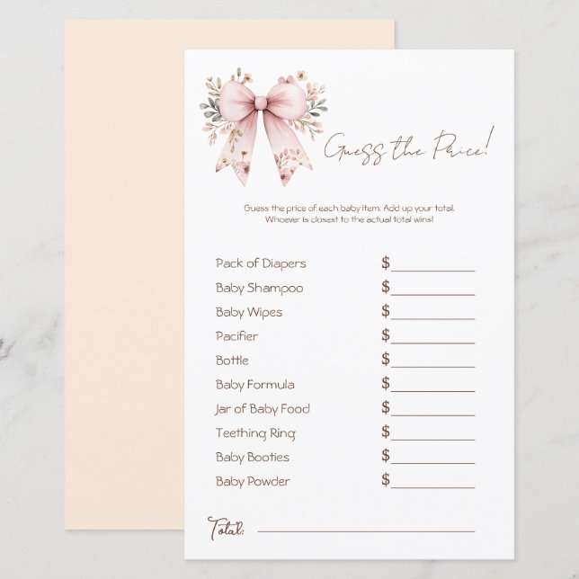 Blommigt Rosa Bow Girl Baby Shower Pris gissning (Fram/baksida)