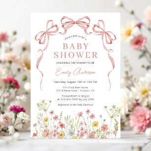 Blommigt Rosa Bow Girl Wildblomma Baby Shower Inbjudningar