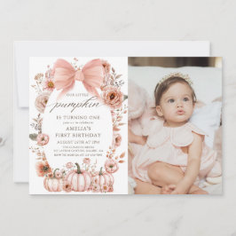 Blommigt Rosa Bow Little Pumpkin Birthday Photo Inbjudningar