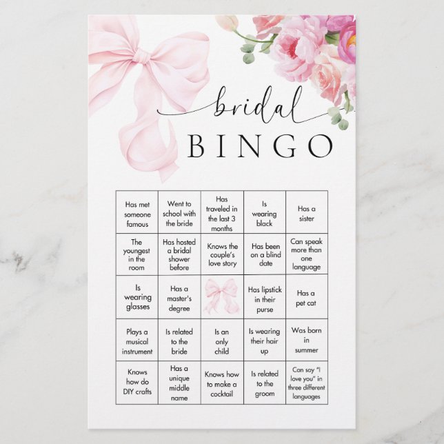Blommigt Rosa Bow Möhippa Bingo-spel Brevpapper (Framsida)