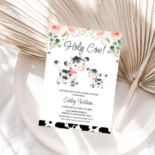 Blommigt Rosa Bows Heliga Cow Baby Shower Inbjudningar