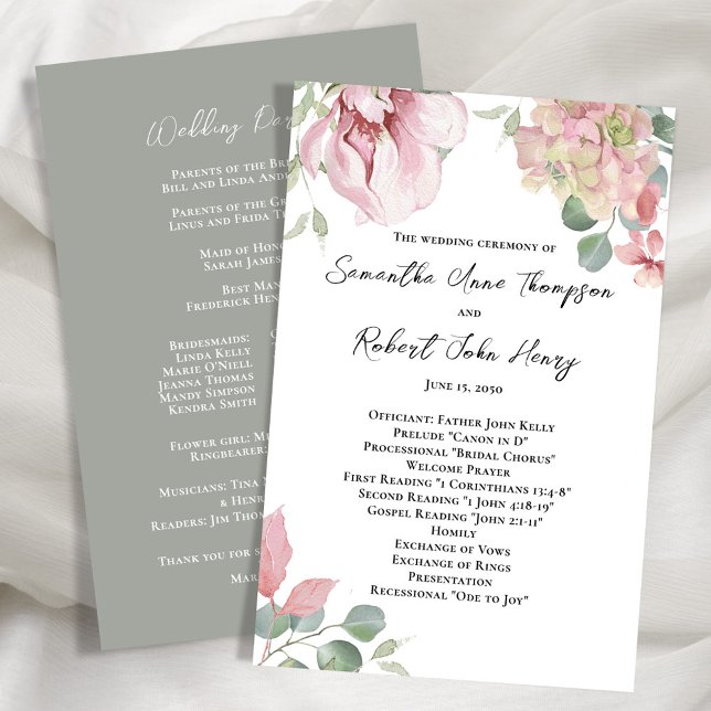 Blommigt  Rosa Bröllop Ceremonisprogrammet (Wedding floral ceremony program template. )