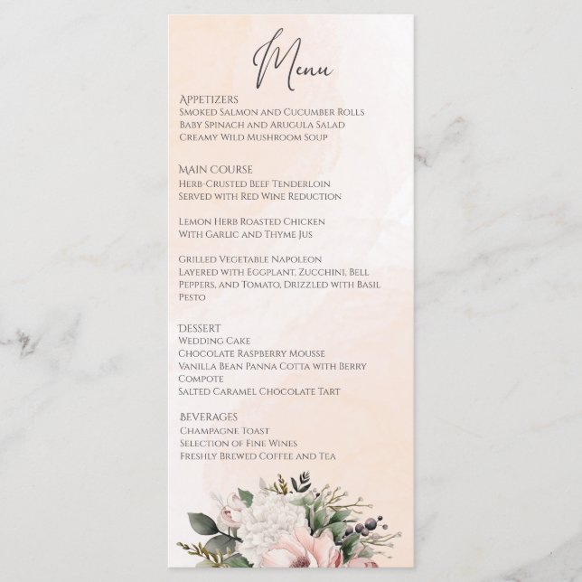 Blommigt  Rosa Bröllop Menu Meny (Framsida)
