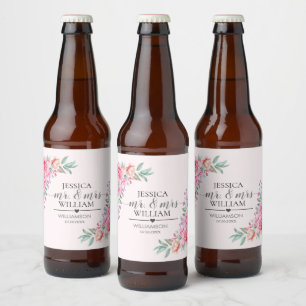 Blommigt Rosa bröllop Ölflaska Etikett