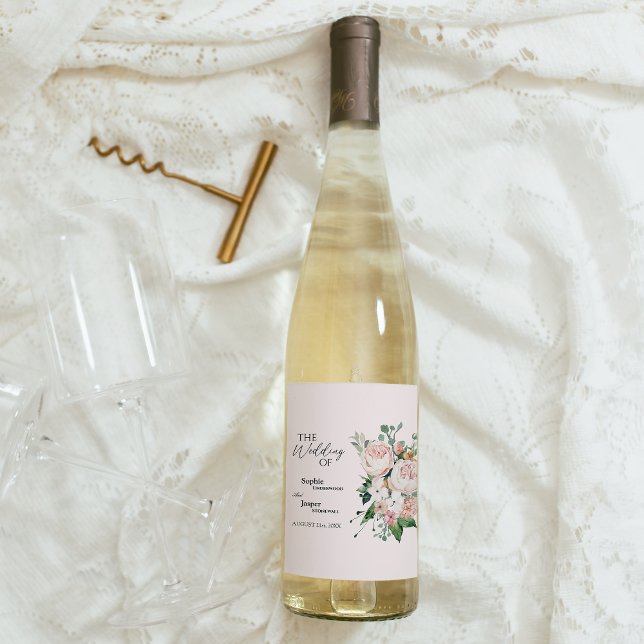  Blommigt Rosa Bröllop Vin Vinflaska Etikett (Skapare uppladdad)