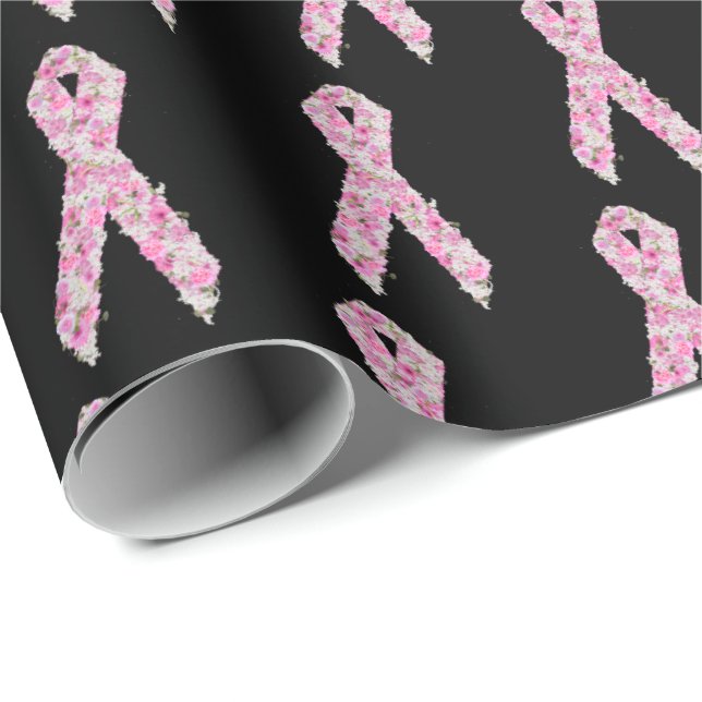 Blommigt Rosa Bröstcancer överlevande Ribbon Presentpapper (Rullad Hörn)
