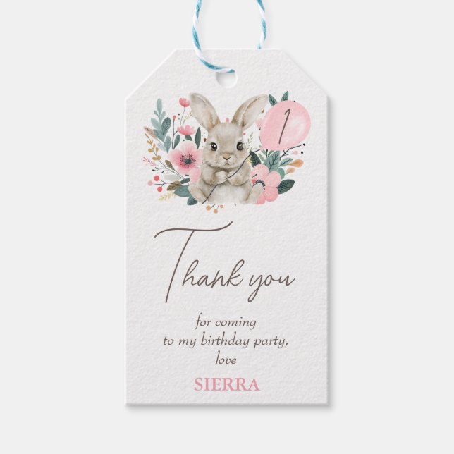 Blommigt Rosa Bunny Birthday Tack Presentetikett (Framsidan)
