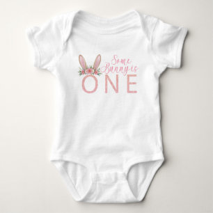 Blommigt Rosa Bunny Första födelsedag Bodykostym T Shirt