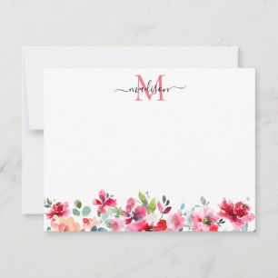 Blommigt Rosa Burgundy Röd ros Peony Monogram Anteckningskort