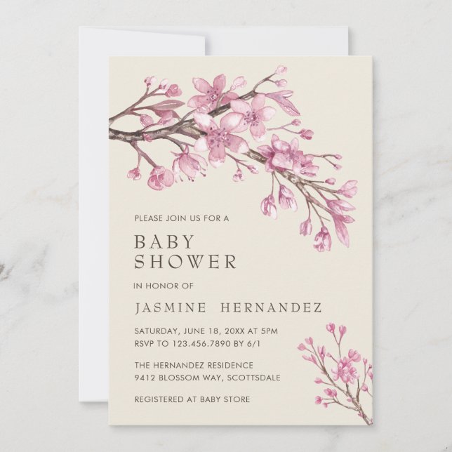 Blommigt Rosa Cherry Blommar Girl Baby Shower Inbjudningar (Framsida)