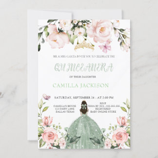 Blommigt Rosa Chic Sage Grönt Quinceanera Baby sho Inbjudningar