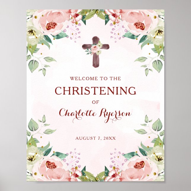 Blommigt Rosa Christening Välkommen Poster (Framsidan)