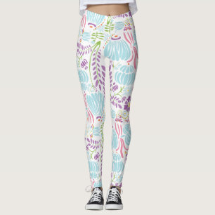 Blommigt Rosa Coral Grönt och Blue Art Deco Mönste Leggings