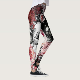 Blommigt Rosa Coral Grönt Vintage Ro Mönster Leggings