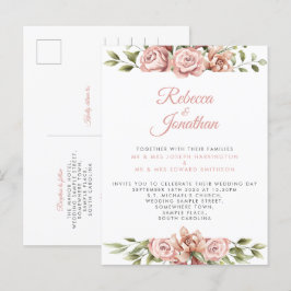 Blommigt Rosa Coral Wedding Postcard Inbjudan Vykort