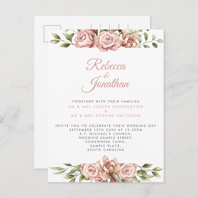 Blommigt Rosa Coral Wedding Postcard Inbjudan Vykort (Fram/baksida)