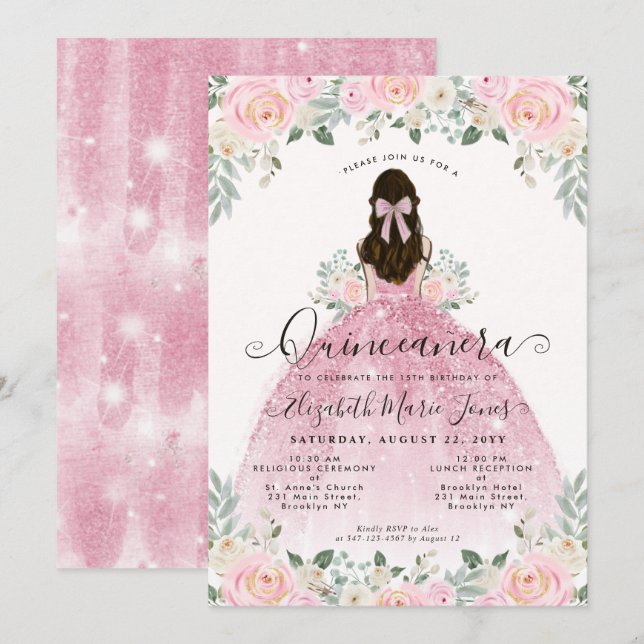 Blommigt  Rosa Dress 15:e födelsedagskvällen Inbjudningar (Fram/baksida)
