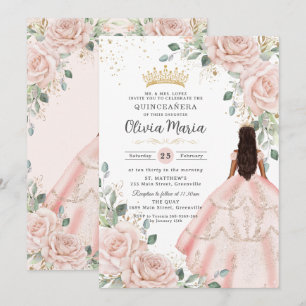 Blommigt Rosa Dress Princess Gown Quinceañera Inbjudningar