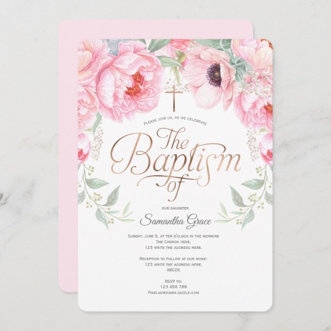 Blommigt, Rosa, Elegant Flickbaptism Inbjudningar (Fram/baksida)