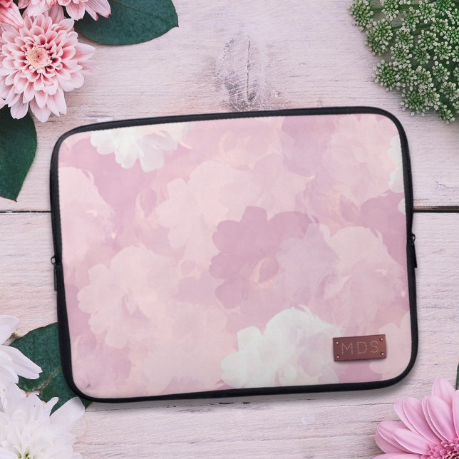 Blommigt Rosa Faux Ro Guld Monogram Laptop Sleeve (Skapare uppladdad)