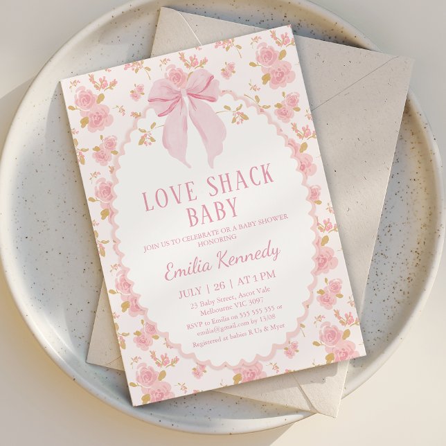Blommigt Rosa Finare Shack Baby Baby Shower för  K Inbjudningar (Love Shack Baby Shower Invitation Template, Love Shack Fancy Baby Shower Invitation Bow Baby Girl)