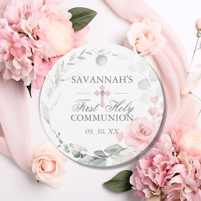 Blommigt Rosa First Heliga Communion Tack Gåvor Etiketter (Floral Pink First Holy Communion Thank You Favor Tags for girls)
