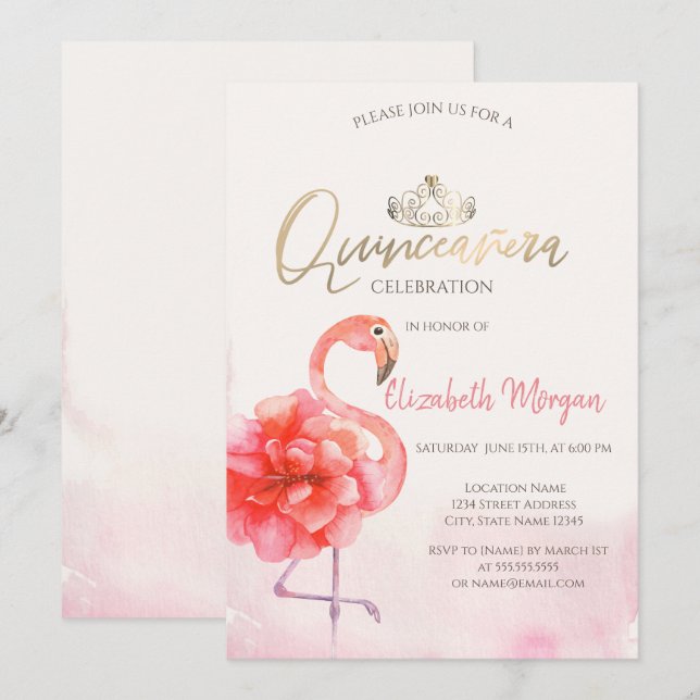 Blommigt Rosa Flamingos Guld Tiara Quinceañera Inbjudningar (Fram/baksida)