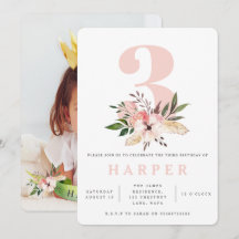 blommigt rosa Fotografiinbjudan till party på 3-år