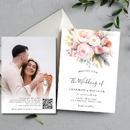 Blommigt Rosa Fotoöverlägg QR-kod Bröllop Inbjudningar