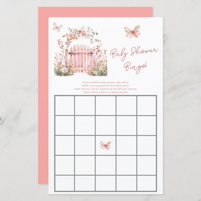 Blommigt Rosa Garden Baby Shower Bingo (Fram/baksida)