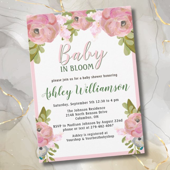 Blommigt Rosa Girl Baby i Bloom Hand Painting Julkort (Skapare uppladdad)