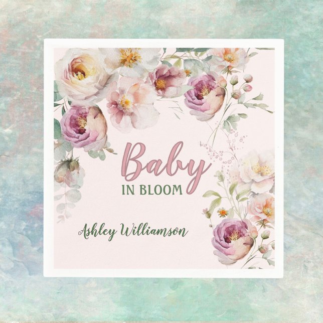 Blommigt Rosa Girl Baby i Bloom Watercolor Pappersservett (Skapare uppladdad)