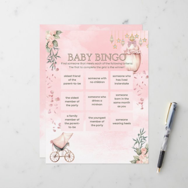 Blommigt Rosa Girl Baby Shower Bingo Game (Fram/Back In Situ)