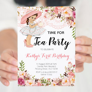 Blommigt Rosa Girl Tea Födelsedagsfest inbjudan
