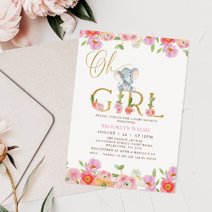 Blommigt Rosa Girls Oh Baby Elephant Baby Shower I Inbjudningar