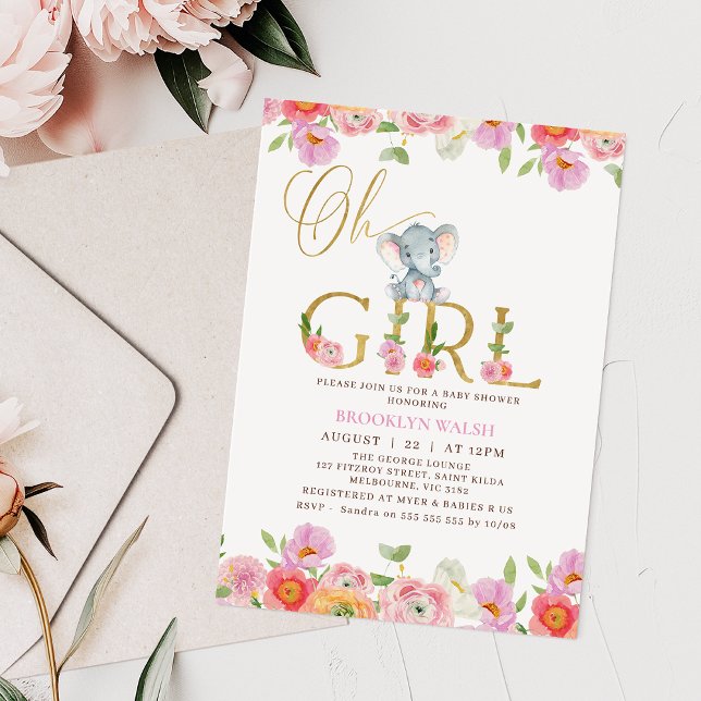 Blommigt Rosa Girls Oh Baby Elephant Baby Shower I Inbjudningar (Oh Girl Elephant Baby Shower Invitation Template, Girl Elephant Baby Shower Invitation Card Floral)
