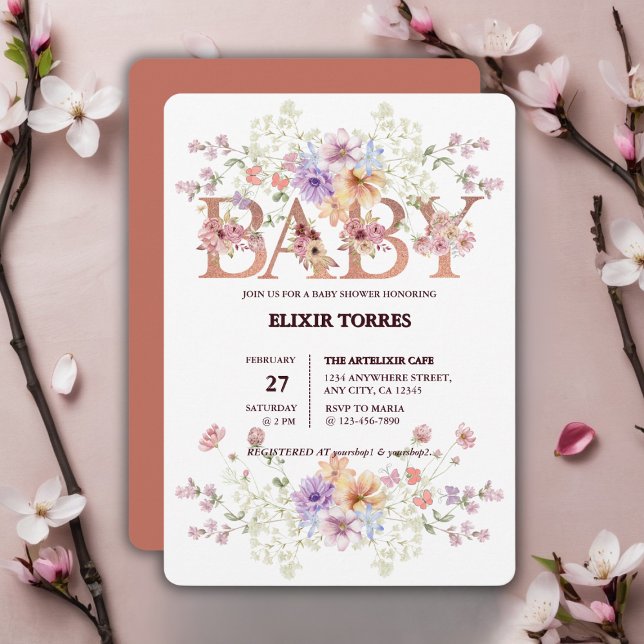 Blommigt Rosa Glitter Baby Monogram Baby Shower fö Inbjudningar (Skapare uppladdad)
