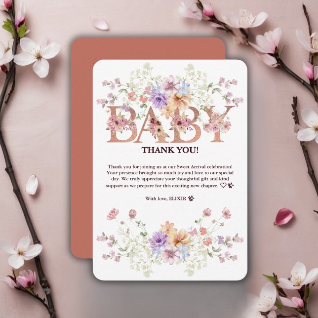 Blommigt Rosa Glitter Baby Monogram Baby Shower fö Tack Kort (Skapare uppladdad)