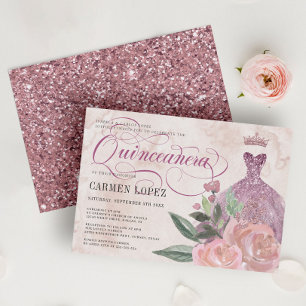 Blommigt Rosa Glitter Princess Quinceanera Inbjudningar
