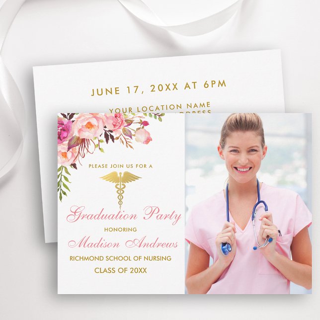 Blommigt Rosa Grad Party Inbjudan Guld (Customize to change text size, color or text style.)