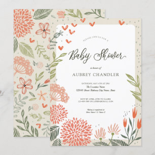 Blommigt Rosa Greenery Baby Shower Inbjudningar