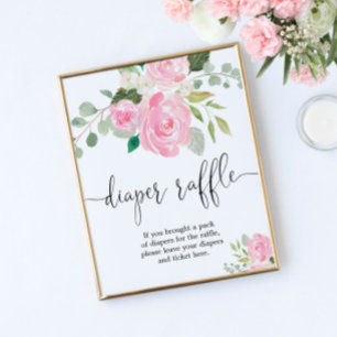 Blommigt rosa Grey Diaper raffle sign Poster