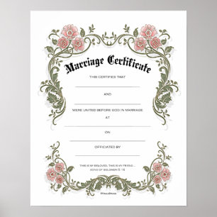 Blommigt Rosa Grönt Giftermål Bröllop certifikat Poster