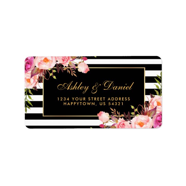 Blommigt Rosa Guld Black Rand Bröllop Adressetikett (Framsidan)