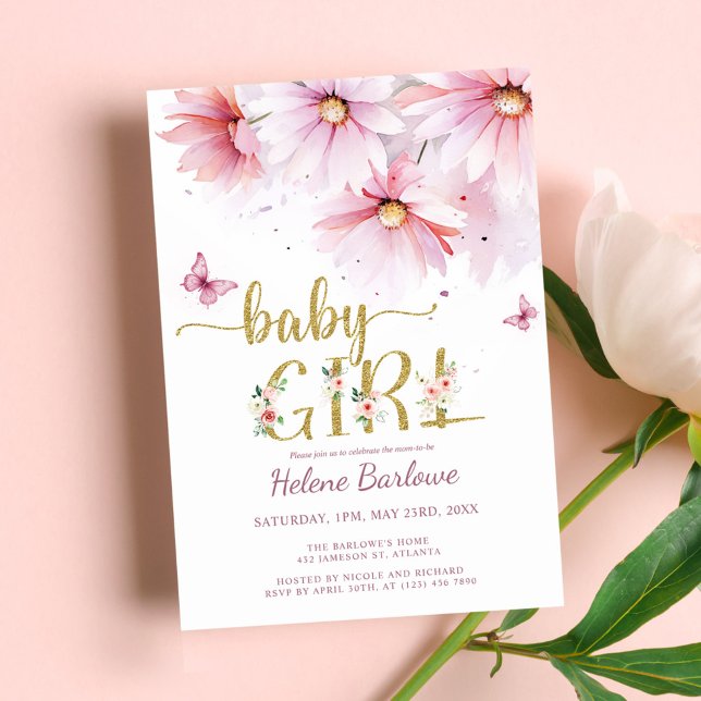 Blommigt Rosa Guld Botanical Girl Baby Shower Inbjudningar (Floral Pink Gold Botanical Girl Baby Shower Invitation)